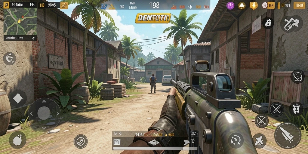 Tampilan gameplay DENTOTO yang mendebarkan dan aksi tembak-menembak.