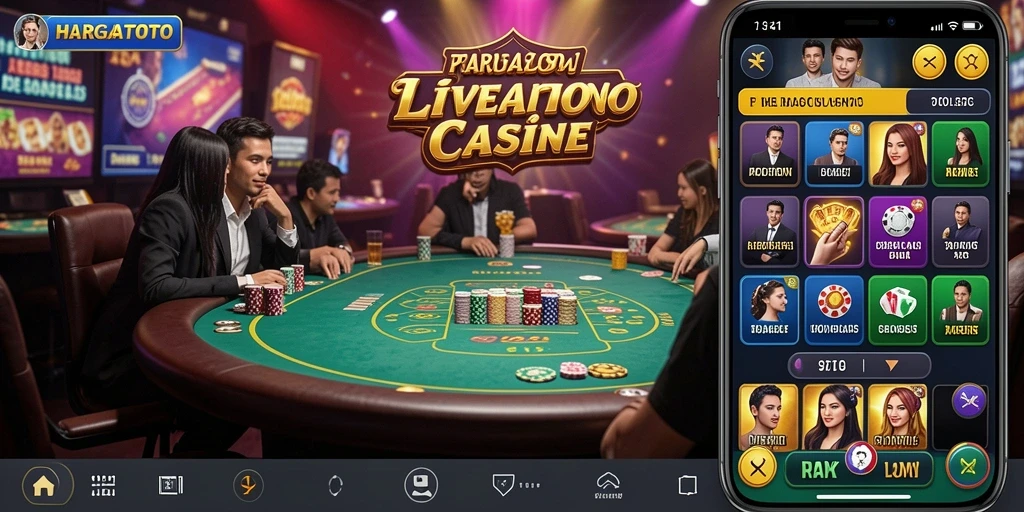 Screenshot gameplay HARGATOTO menunjukkan dealer profesional dan permainan langsung yang mendebarkan.