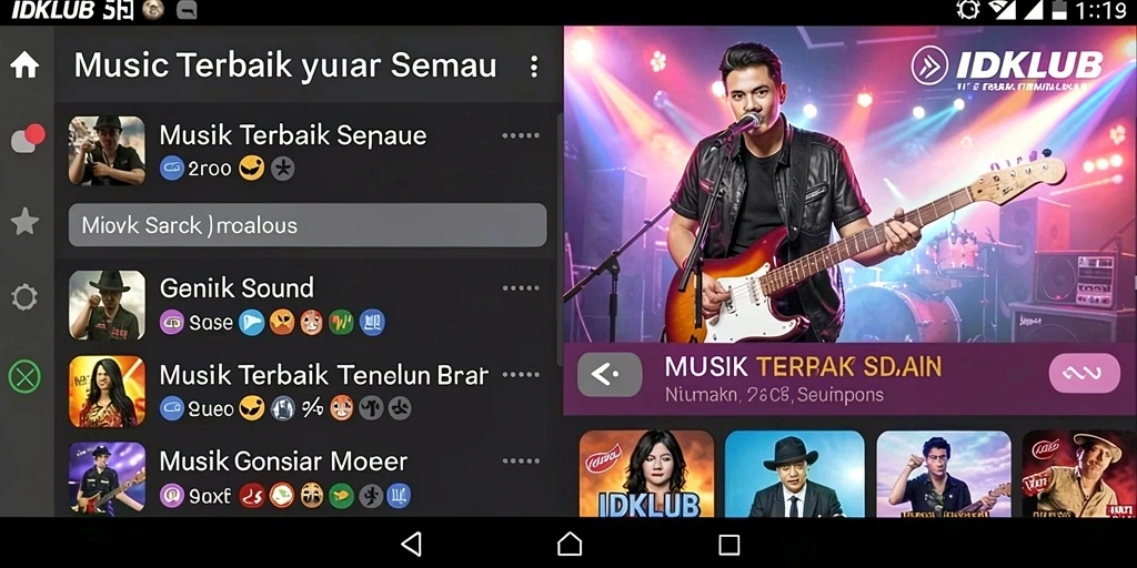 Screenshot gameplay IDKLUB dengan tampilan lirik dan daftar putar musik.