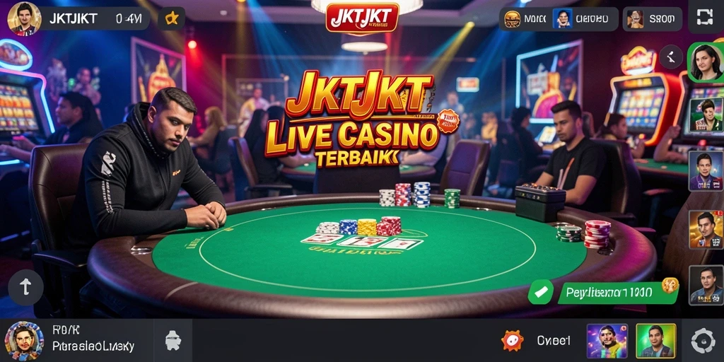 Screenshot gameplay JKTJKT menampilkan dealer langsung dan suasana kasino yang mendebarkan.