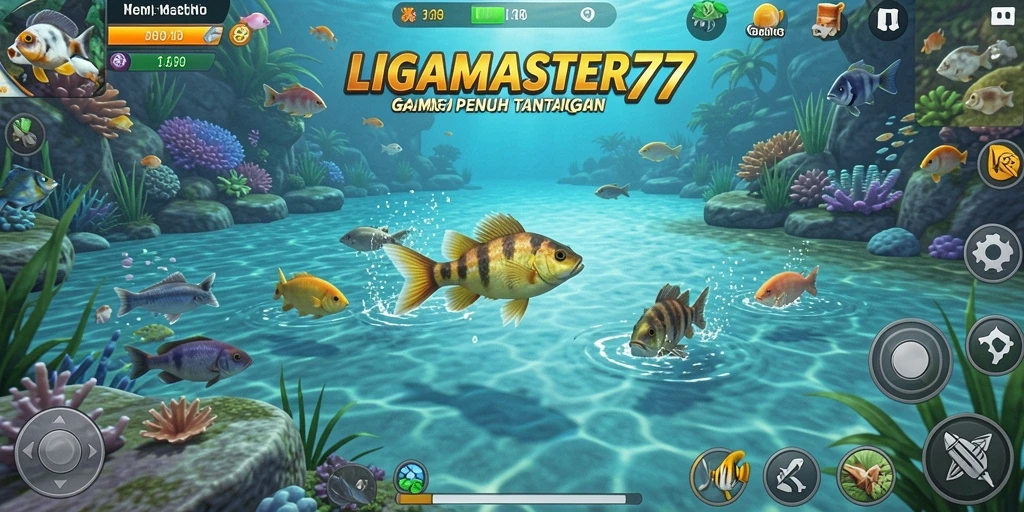 Screenshot gameplay LIGAMASTER77 dengan ikan besar yang ditangkap.