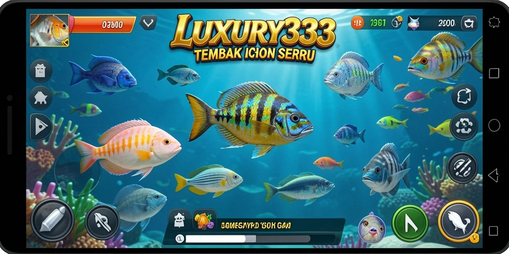 Tampilan gameplay LUXURY333 dengan ikan yang berwarna-warni dan senjata canggih.