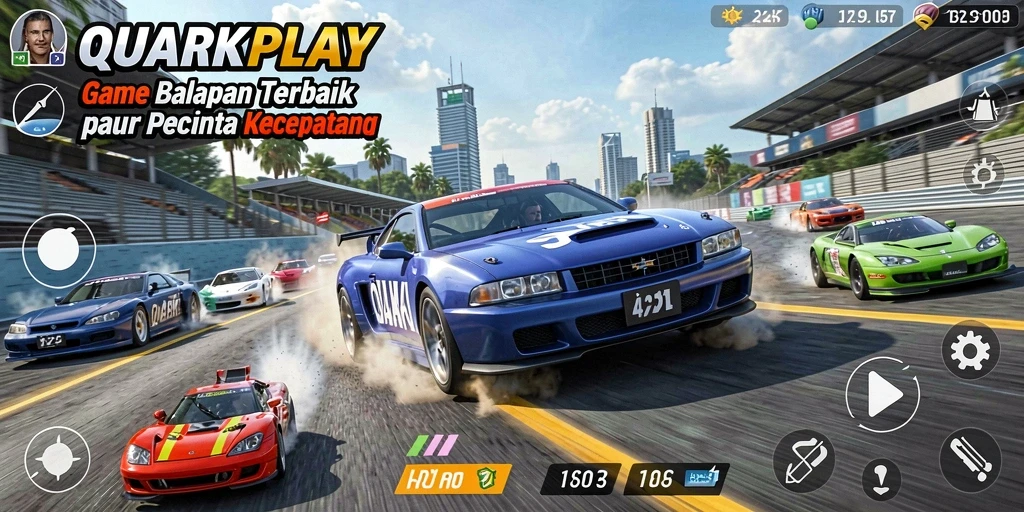 Tangkapan layar gameplay QUARKPLAY yang menunjukkan aksi balapan mendebarkan.