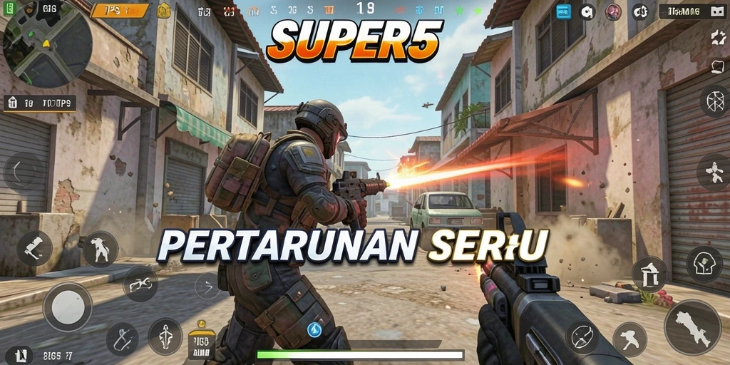 Screenshot gameplay SUPER5 yang menunjukkan aksi tembak-menembak seru.