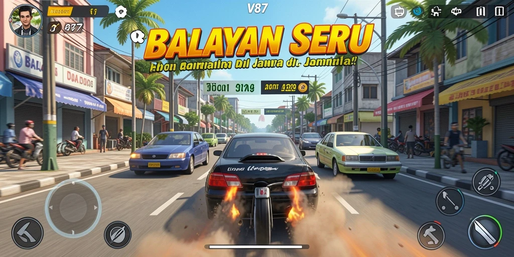 Tampilan gameplay seru dari V87 dengan mobil balap yang cepat.