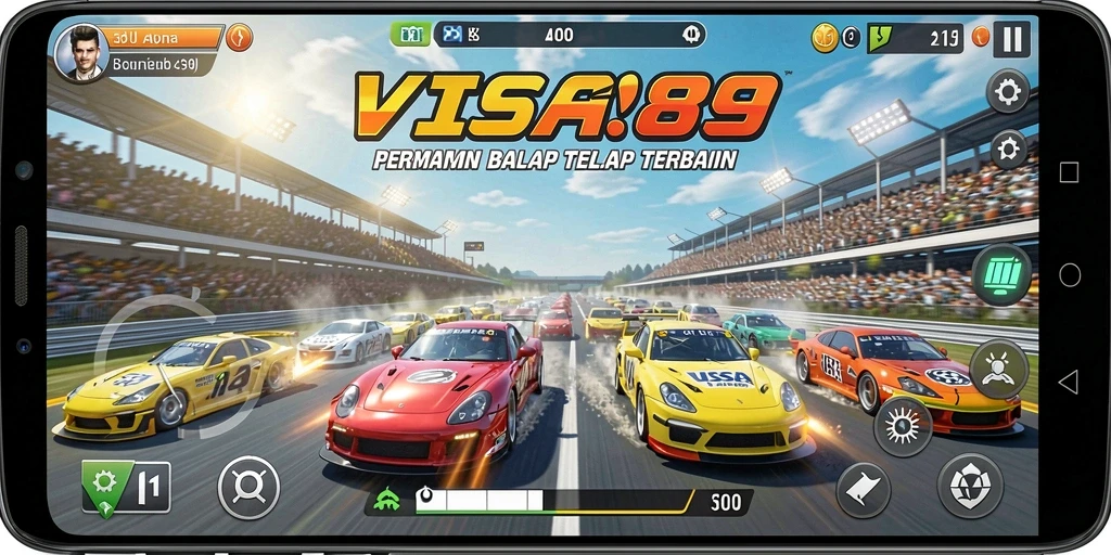 Screenshot utama VISA89 menampilkan aksi balapan yang mendebarkan.