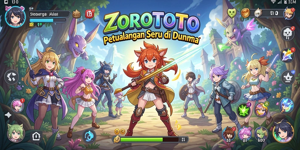 Tampilan gameplay ZOROTOTO yang penuh warna dan karakter karismatik.